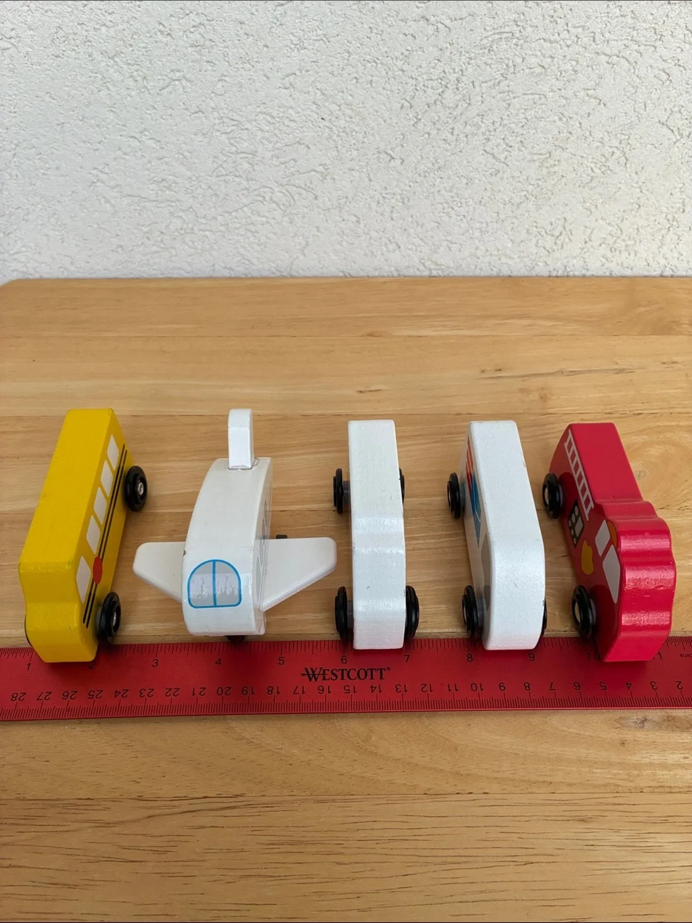 Wooden Emergency & Transport Vehicle Toy Set of 5. Fire bus ambulance plane post
